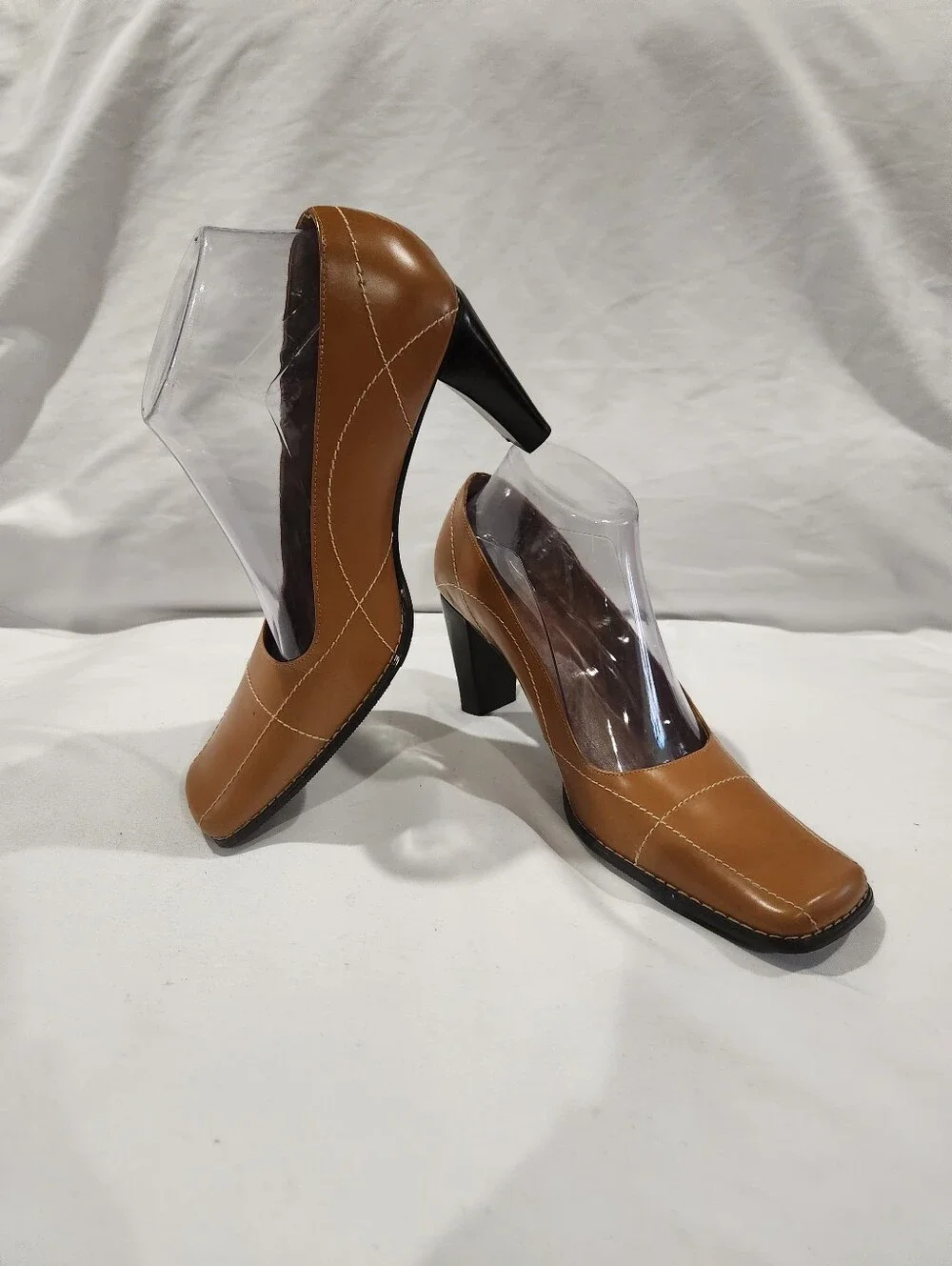 Amanda Smith Tuscany Vintage Y2K Cognac Block Heel Square Tie Pumps Size 8